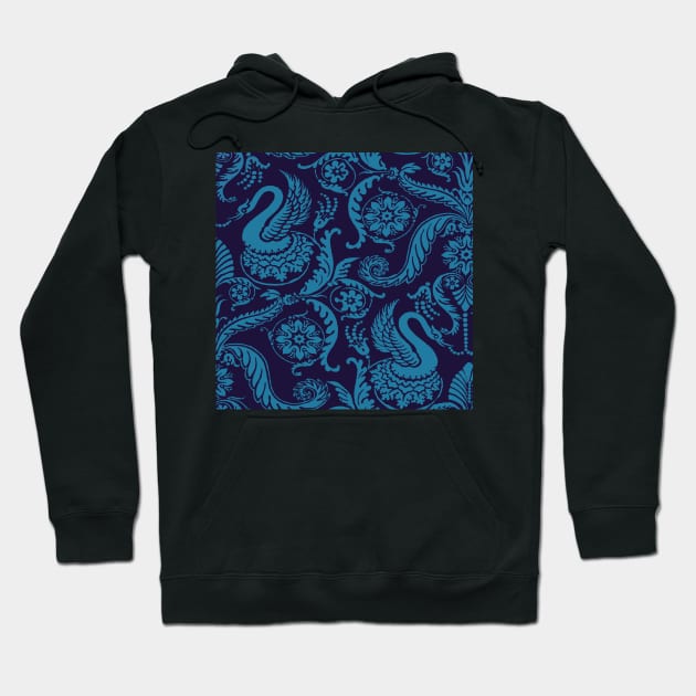Teal on Navy Classy Medieval Damask Swans Hoodie by JamieWetzel